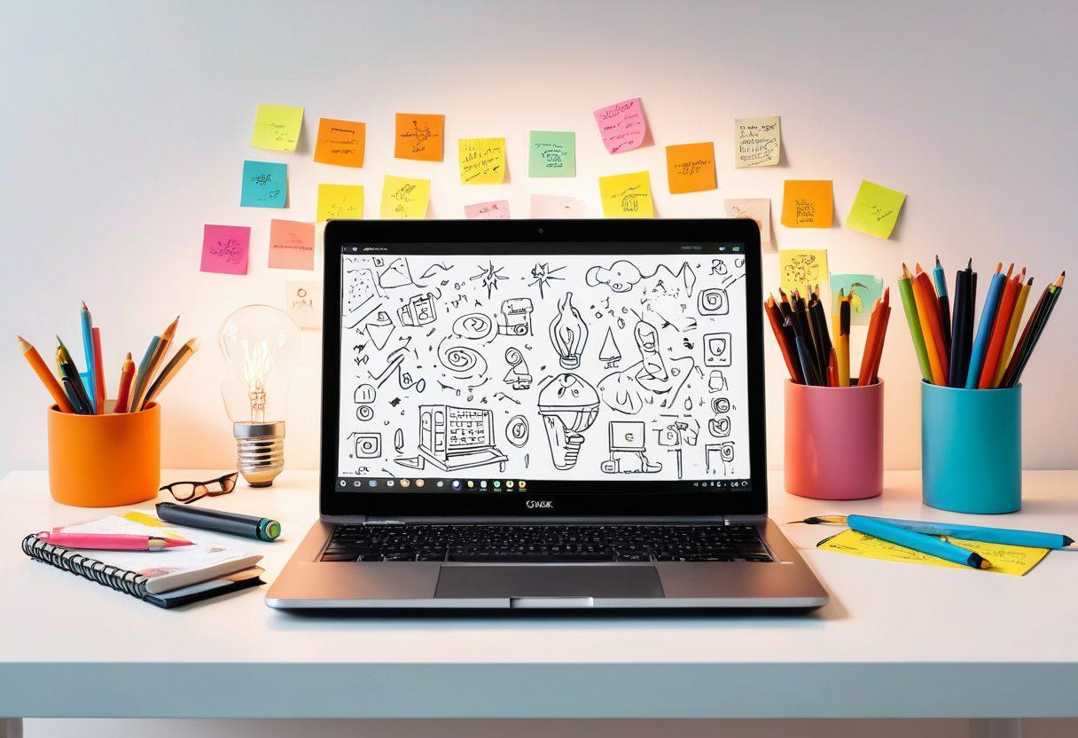 A vibrant digital workspace filled with colorful sticky notes, sketches, and an open laptop displaying the Ubox journaling platform. A light bulb symbolizes inspiration, surrounded by abstract doodles and creative tools like pens and a sketchbook. Soft glow emanates from the laptop screen, inviting users to dive into interactive journaling. super-realistic. vibrant colors. white background.