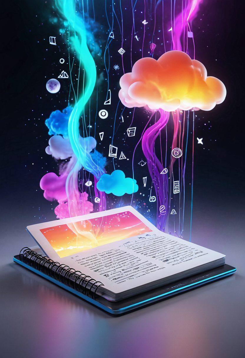 A futuristic digital notebook with glowing, swirling thoughts morphing into icons of creativity and innovation, surrounded by vibrant colors and soft light. Include ethereal elements like floating clouds and abstract shapes representing ideas. The scene should convey a sense of serenity and inspiration for journaling. super-realistic. vibrant colors. 3D.