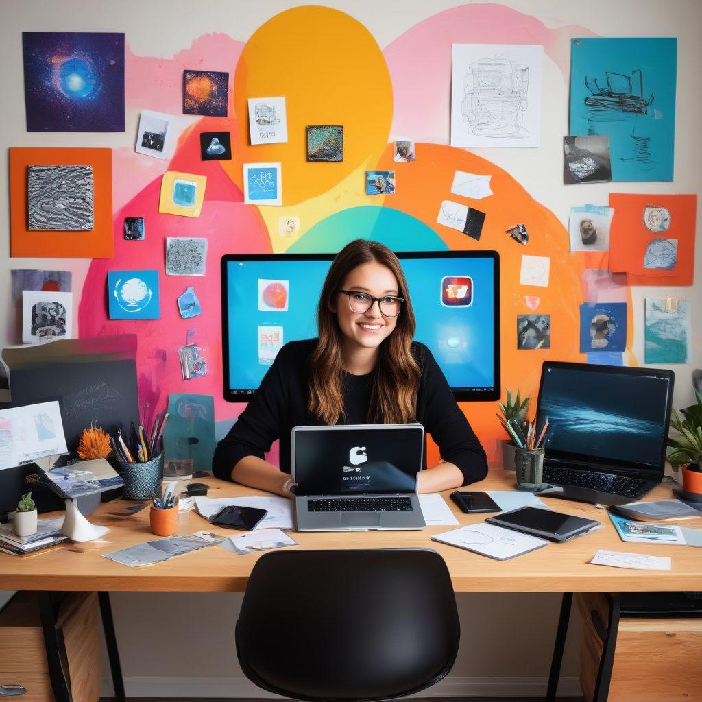 A vibrant collage depicting a blogger transitioning to a content creator, featuring a dynamic workspace with a laptop, camera, and colorful sketches. Include elements like social media icons and multimedia tools around them, symbolizing growth and exploration. The background should have a hint of a digital world to represent the Ubox platform. bright colors. modern design. high contrast.